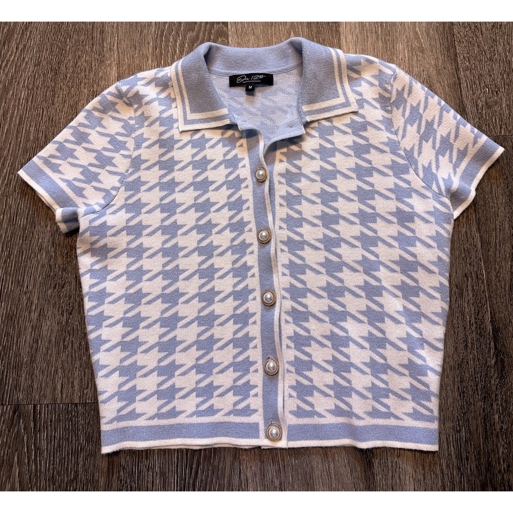 Houndstooth Short Sleeve Knit Cardigan Blue White